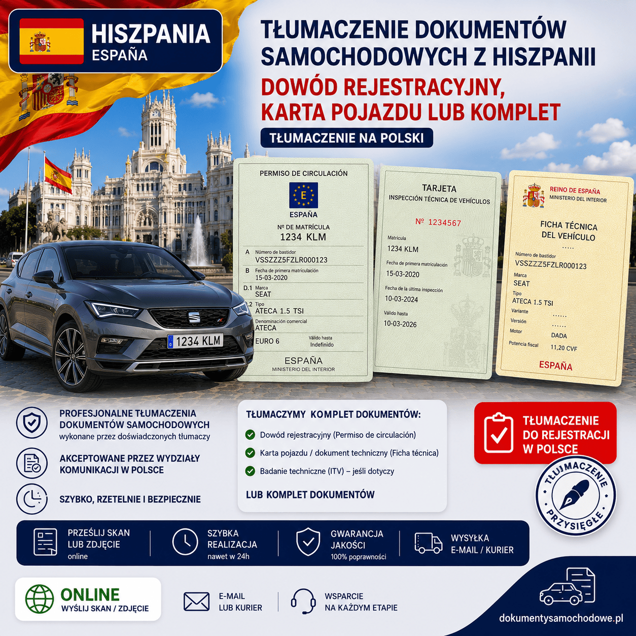 Tłumaczenie dokumentów samochodowych z Hiszpanii – dowód rejestracyjny, karta pojazdu lub komplet, tłumacz przysięgły języka hiszpańskiego, tłumaczenie hiszpańskich dokumentów samochodowych do rejestracji auta sprowadzonego z Hiszpanii, hiszpański dowód rejestracyjny, hiszpańska karta pojazdu.