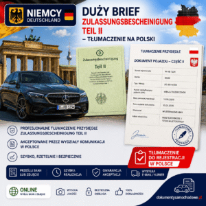 Duży Brief / Zulassungsbescheinigung Teil II – tłumaczenie na polski, tłumacz przysięgły języka niemieckiego, tłumaczenie niemieckiej karty pojazdu do rejestracji auta sprowadzonego z Niemiec, niemiecki duży Brief, Zulassungsbescheinigung Teil II.